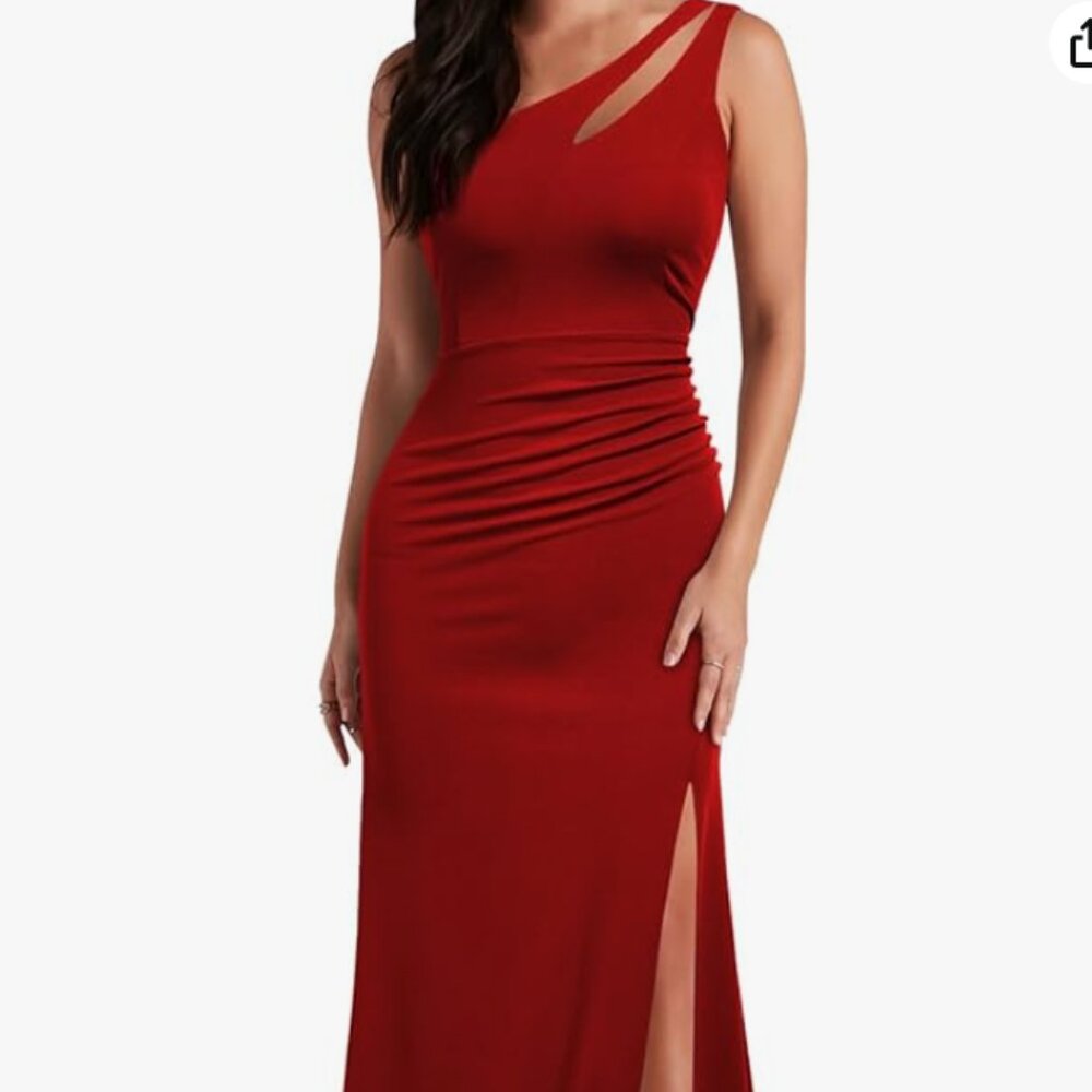 WOOSEA One Shoulder Sleeveless Split Mermaid Evening Long Dress (Red, M)